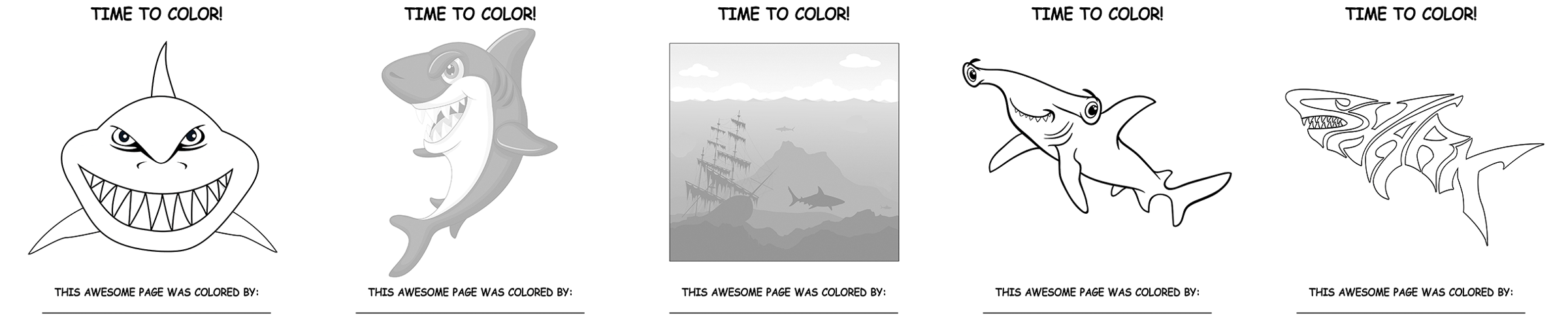 five <strong>shark</strong> themed coloring pages regular & gray scale three